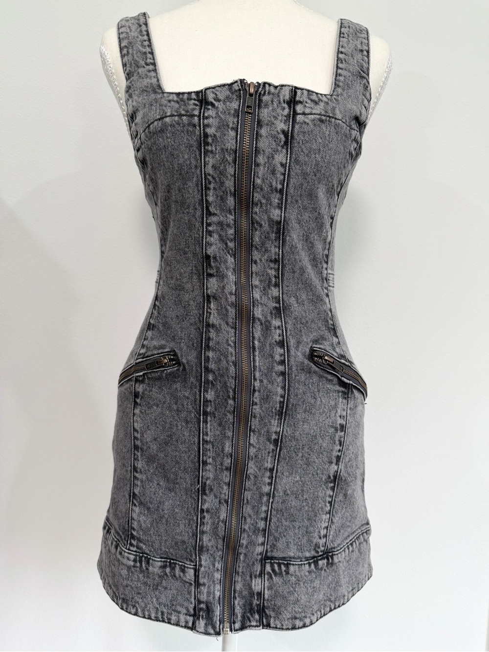 Free People Johnny Denim Zip Up Mini Dress in Acid-Wash Black